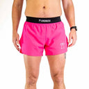 Front on-model view of men's neon pink Chicknlegs split shorts