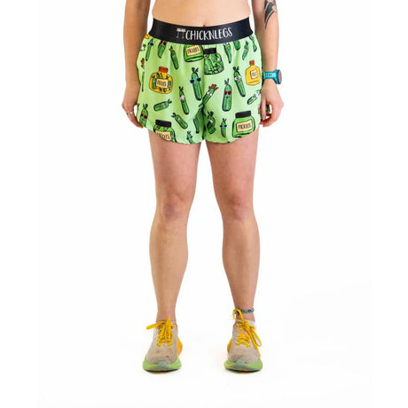 Front on-model view of women's pickles print ChicknLegs split shorts