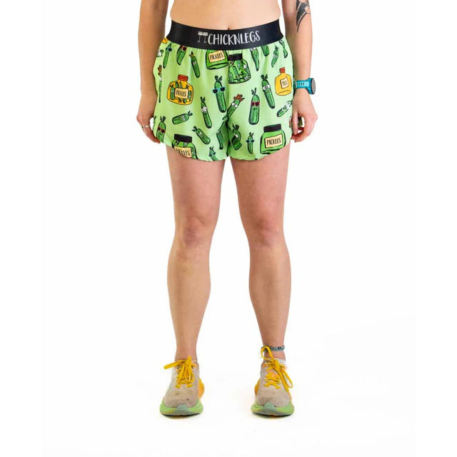 Front on-model view of women's pickles print ChicknLegs split shorts
