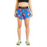 Front on-model view of women's peach print ChicknLegs split shorts