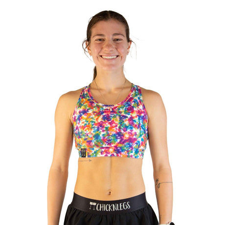 Front view of ChicknLegs OG sports bra in tie-dye colour
