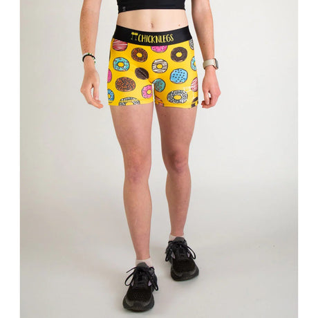 Front on-model view of women's donut print Chicknlegs compression shorts