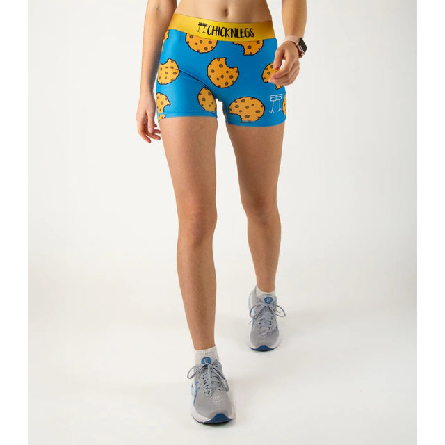 Front on-model view of women's cookies print Chicknlegs compression shorts