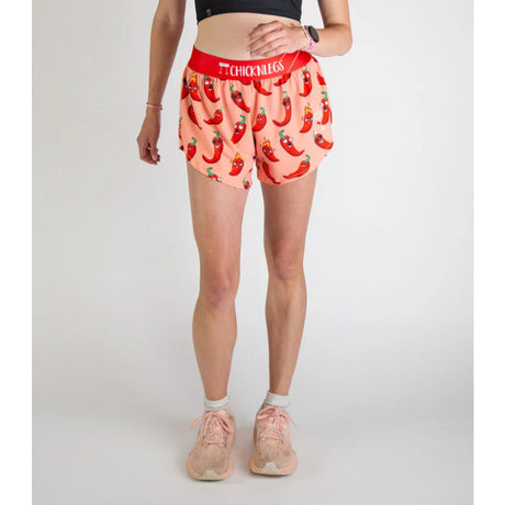 Front on-model view of women's chilli peppers print ChicknLegs split shorts
