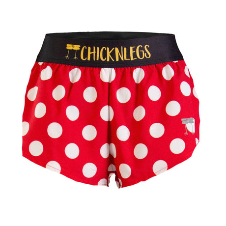 Women's ChicknLegs 1.5" split running shorts in red polka dot print