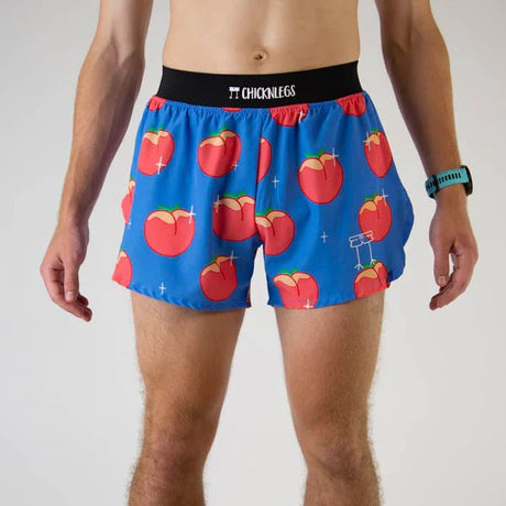 Front on-model view of men's peaches pattern Chicknlegs split shorts
