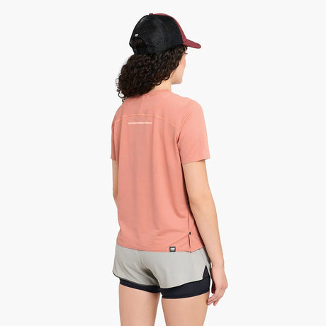 Back view of model with the ciele FST Tshirt 2 in Rose Dawn colour