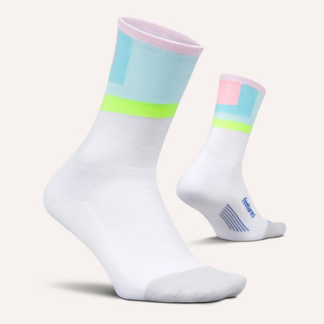 Side and bottom view of Feetures Elite LC mini crew sock in candy court colour