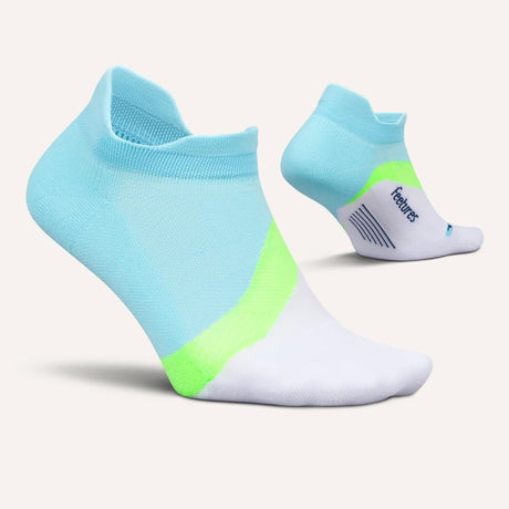 Side and bottom view of Feetures Elite LC no show tab sock in cool plunge colour