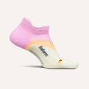 Side view of Feetures Elite LC no show tab sock in pink citrus colour