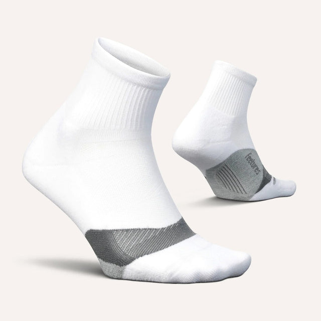 Side and bottom view of Feetures Elite LC quarter sock in white colour
