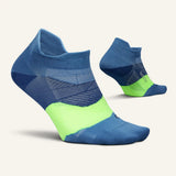Side and bottom view of Feetures Elite ULC no show tab sock in bahama blue colour
