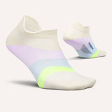 Side and bottom view of Feetures Elite ULC no show tab sock in lilac breeze colour