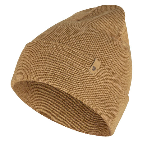 Front view of Fjallraven Classic Knit Hat in buckwheat brown colour