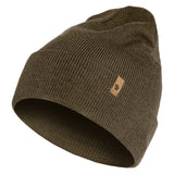 Front view of Fjallraven Classic Knit Hat in dark olive colour