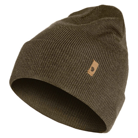 Front view of Fjallraven Classic Knit Hat in dark olive colour
