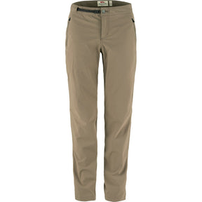 Front view of Fjallraven women's high coast trail trousers in suede brown colour