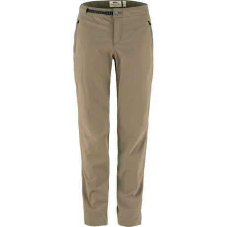 Front view of Fjallraven women's high coast trail trousers in suede brown colour