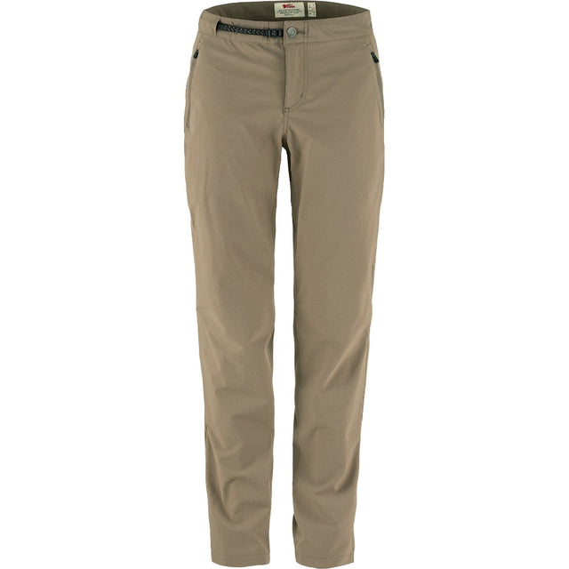 Front view of Fjallraven women's high coast trail trousers in suede brown colour
