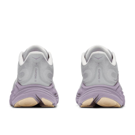 Back view of women's Hoka Clifton 11 running shoe in stardust mellow/lilac colour