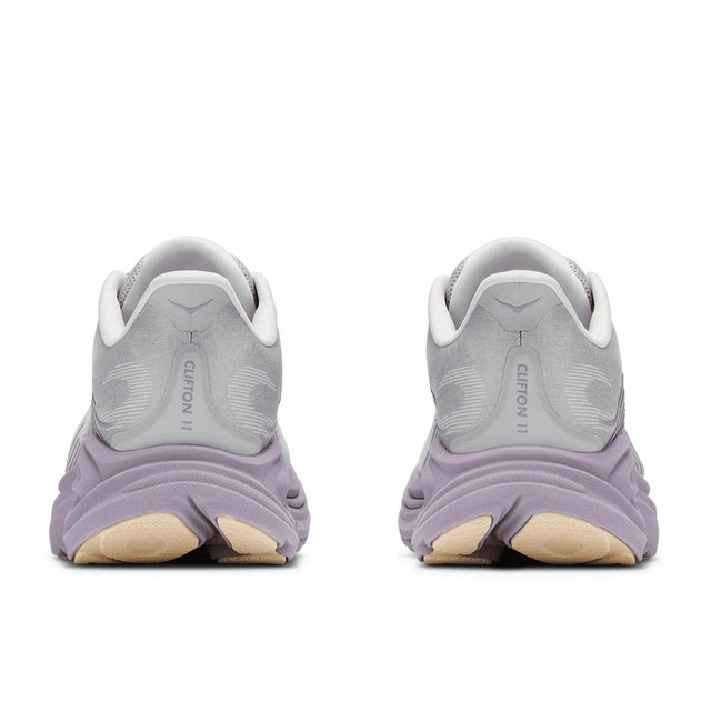 Back view of women's Hoka Clifton 11 running shoe in stardust mellow/lilac colour