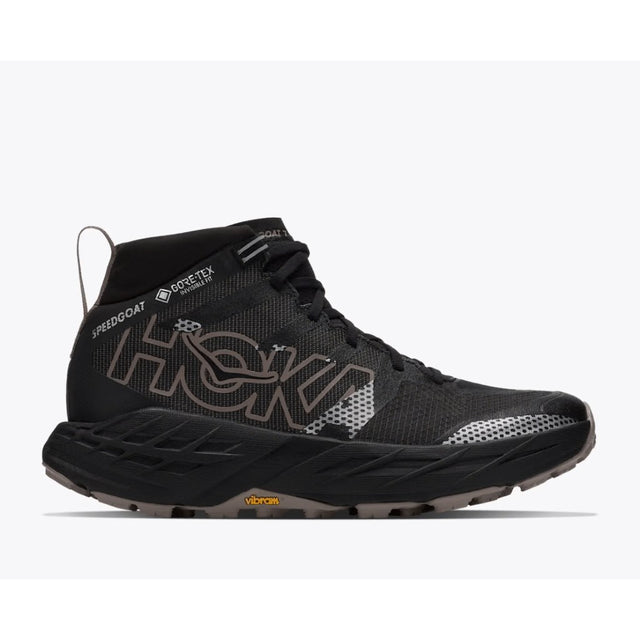 Side view of Hoka Speedgoat 7 Hike GTX men's boot in black pebble grey colour