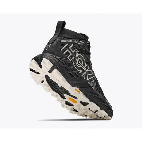 Sole view of Hoka Speedgoat 7 Hike GTX women's boot in black alabaster colour