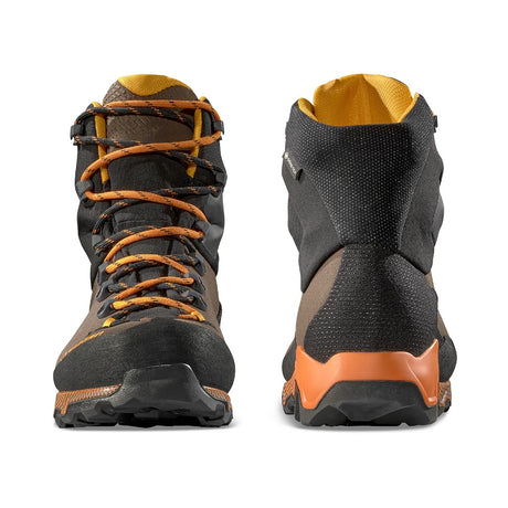 Front and back view of La Sportiva Aequilibrium Trek GTX for Men in Chocolate/Papaya colour