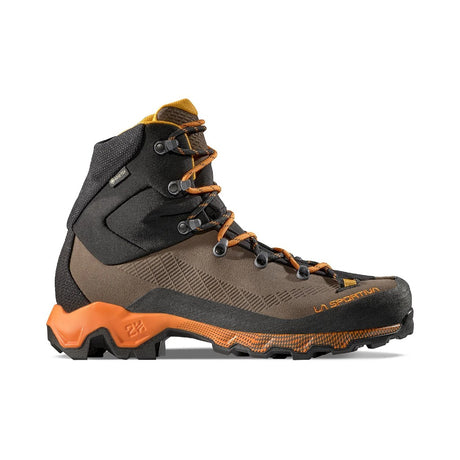 Side view of La Sportiva Aequilibrium Trek GTX for Men in Chocolate/Papaya colour