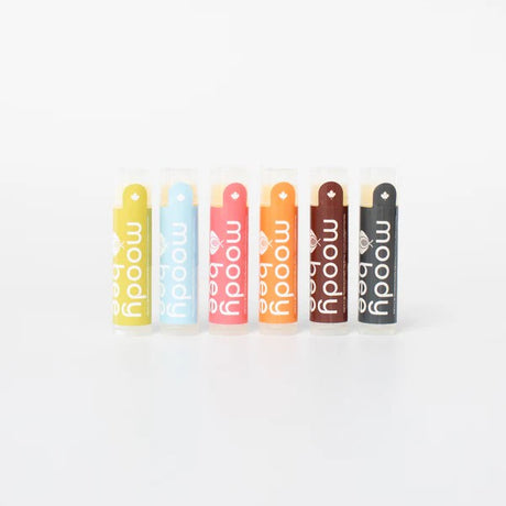 Label view of moody bee candy shoppe lip balm box set