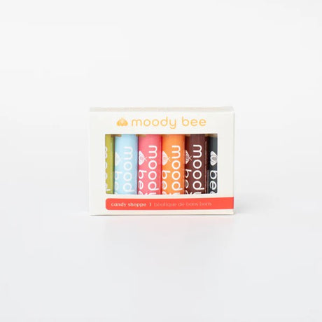 Box view of moody bee candy shoppe lip balm box set