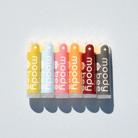 Label view of moody bee candy shoppe lip balm box set