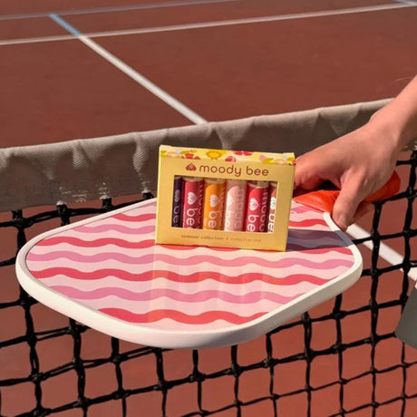 Front view of moody bee summer lip balm box set