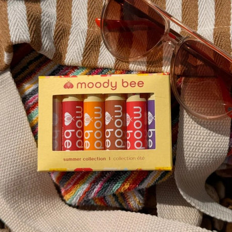 Box view of moody bee summer lip balm box set