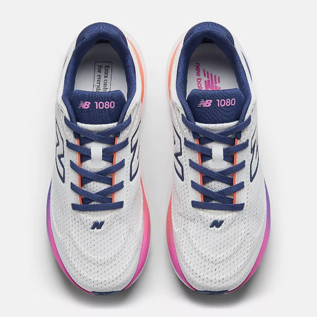 Top view of women's New Balance Fresh Foam X 1080 v15 running shoe in white/purple/pink/orange colour