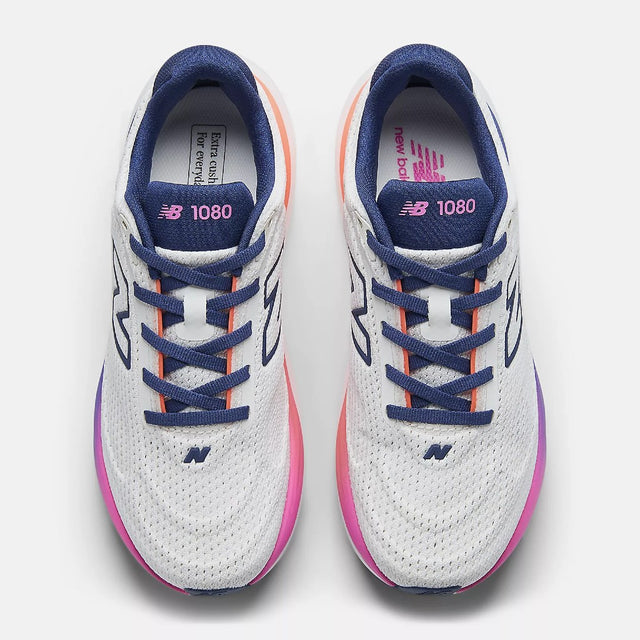 Top view of women's New Balance Fresh Foam X 1080 v15 running shoe in white/purple/pink/orange colour