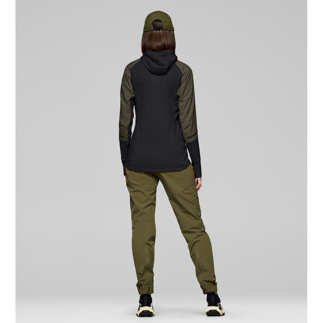 Back on-model view of Norrona Senja Warm1 Hood women's in olive night colour