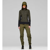 Front on-model view of Norrona Senja Warm1 Hood women's in olive night colour