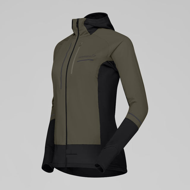 Side view of Norrona Senja Warm1 Hood women's in olive night colour