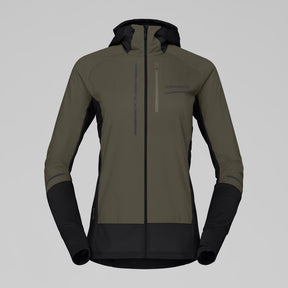 Front view of Norrona Senja Warm1 Hood women's in olive night colour