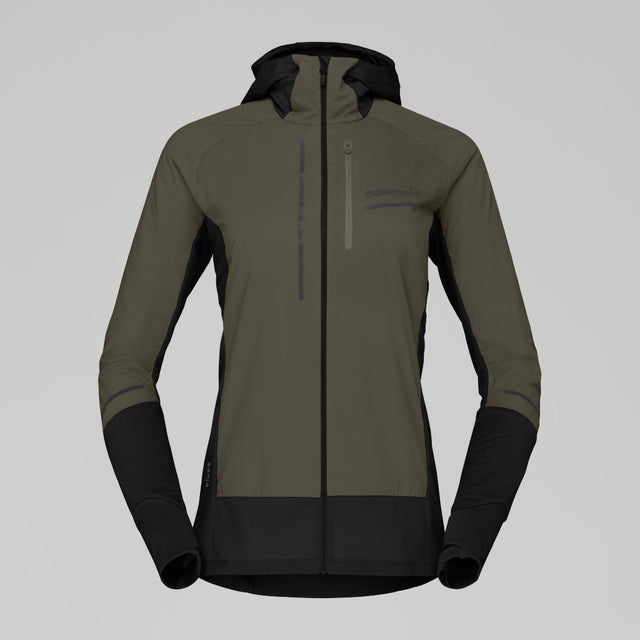 Front view of Norrona Senja Warm1 Hood women's in olive night colour