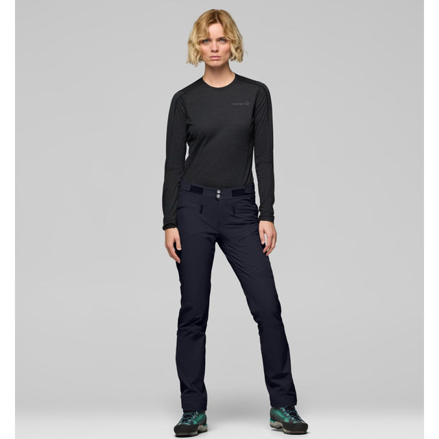 Front on-model view of Norrona femund Flex1 lightweight pants women's in caviar black colour