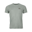 Front view of Ortovox men's 120 cool tec mtn stripe t-shirt in green sage colour