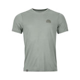 Front view of Ortovox men's 120 cool tec mtn stripe t-shirt in green sage colour