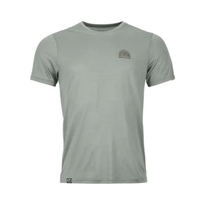 Front view of Ortovox men's 120 cool tec mtn stripe t-shirt in green sage colour