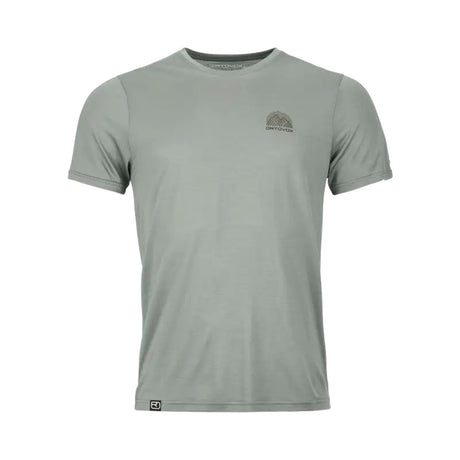 Front view of Ortovox men's 120 cool tec mtn stripe t-shirt in green sage colour