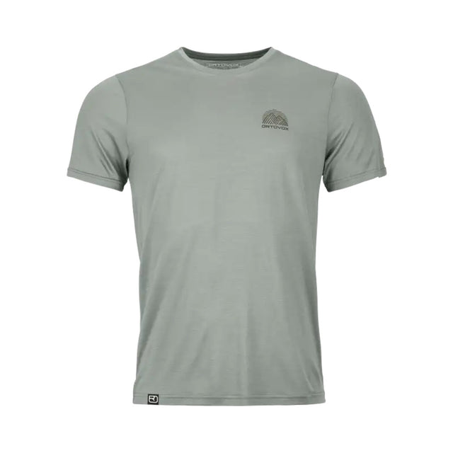 Front view of Ortovox men's 120 cool tec mtn stripe t-shirt in green sage colour