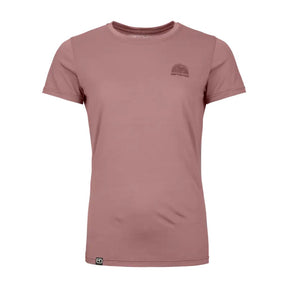 Front view of Ortovox women's 120 cool tec mtn stripe t-shirt in dusk rose colour