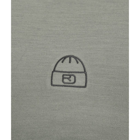 Logo view of Ortovox 150 cool beanie T-shirt men's in green sage colour