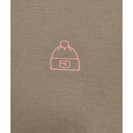 Logo view of Ortovox 150 cool beanie T-shirt women's in dark linen colour